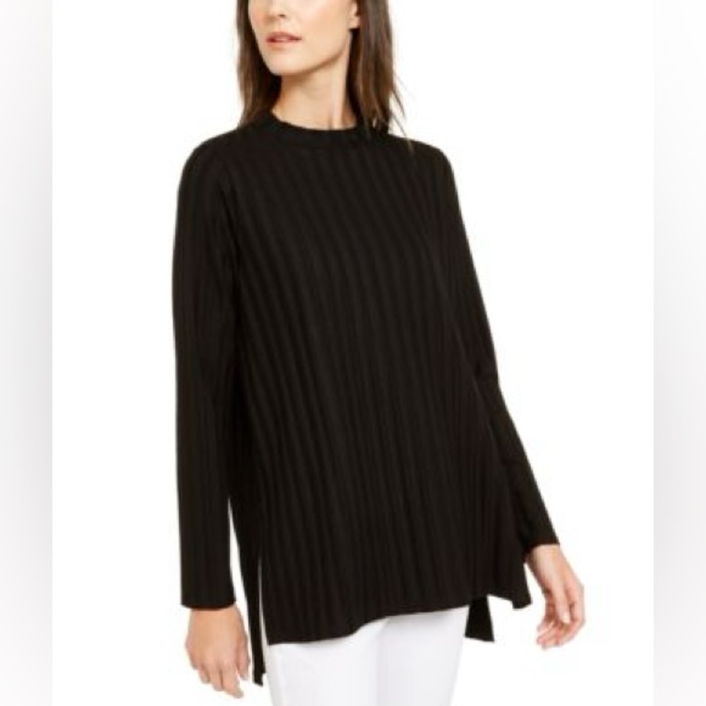 Eileen Fisher Mock Neck Ribbed Tunic Top Black Size Small
